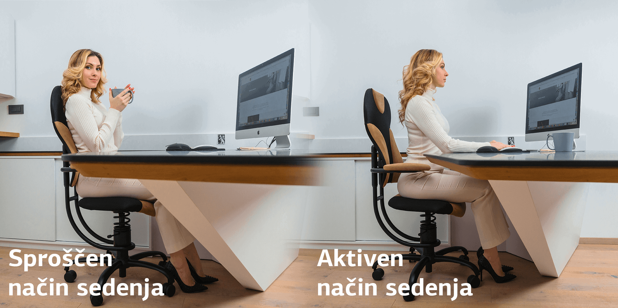 A woman sits passively and actively in a chair